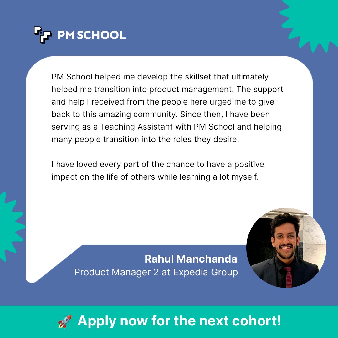 🙌 Rahul Manchanda - Product Manager 2 at Expedia Group 🙌

🚀 𝗔𝗽𝗽𝗹𝘆 𝗡𝗼𝘄 to the 𝗠𝗔𝗬 cohort 👇
lnkd.in/d9XStqg

#productmanagement #pmschool #interviewprep #pminterview #linkedin #community #product #interview #resume