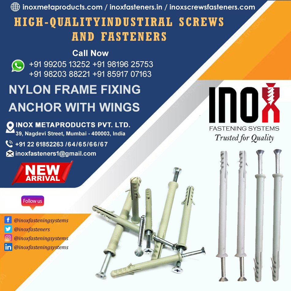 inoxfasteners's tweet photo. INOX FASTENING SYSTEMS
Trusted for Quality
All Types of Industrial Screws and Fasteners 
📲+91 99205 13252 | +91 98196 25753 | +91 98203 88221 |+91 85917 07163
🌐 https://t.co/m4IPW6CjlB / https://t.co/GLcxOLpOoS / https://t.co/Rq0qbY56kJ
NYLON FRAME FIXING ANCHOR WITH WINGS https://t.co/iKsd7huRAw