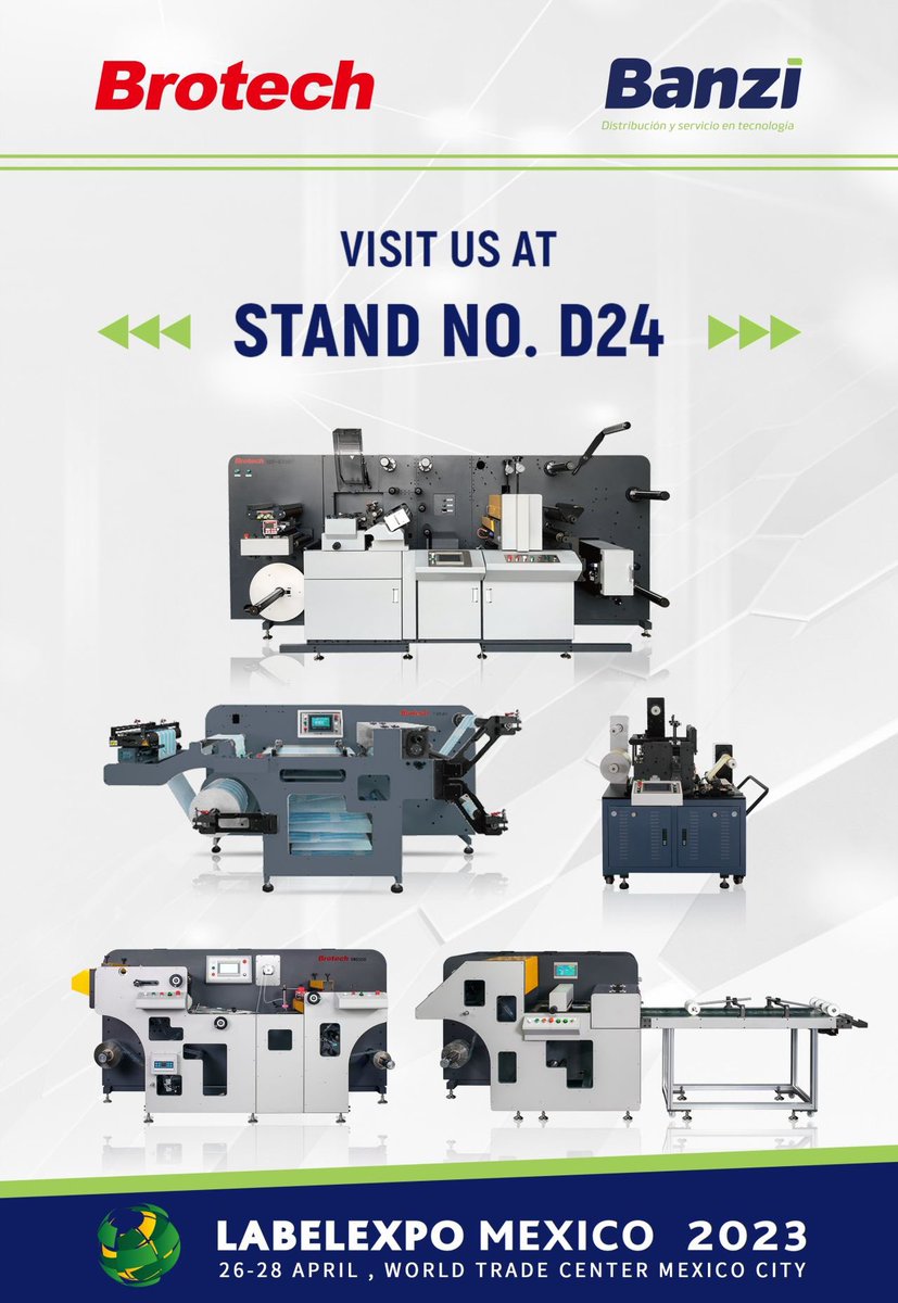 #Brotech is pleased to announce that we together with our partner Banzi will participate in the coming #Labelexpo Mexico 2023 which will be held from 26th to 28th April in WORLD TRADE CENTER MEXICO CITY.

We are looking forward to see you at Stand D24
#LabelexpoMexico