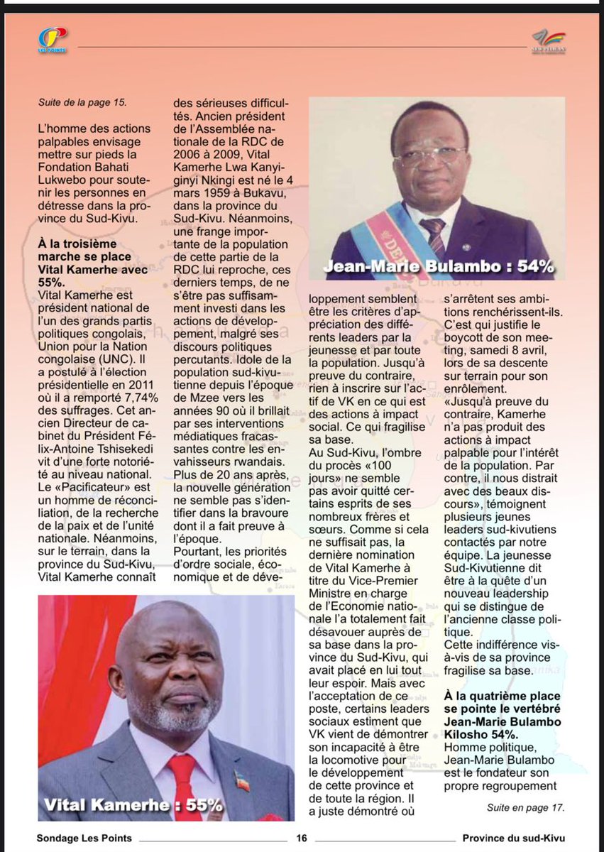 LwarhibaM's tweet photo. #RDC Aimé Boji Sangara dame les pions de popularité au Sud-Kivu. Selon les sondages Les Points, le ministre d'État du Budget ABS est plébiscité "Meilleur leader du Sud-kivu, suivi du Président du Sénat Bahati #Lukwebo, du VPM Vital #Kamerhe et de l’Honorable #Bulambo Kilosho"... https://t.co/UVuNPpgfqH