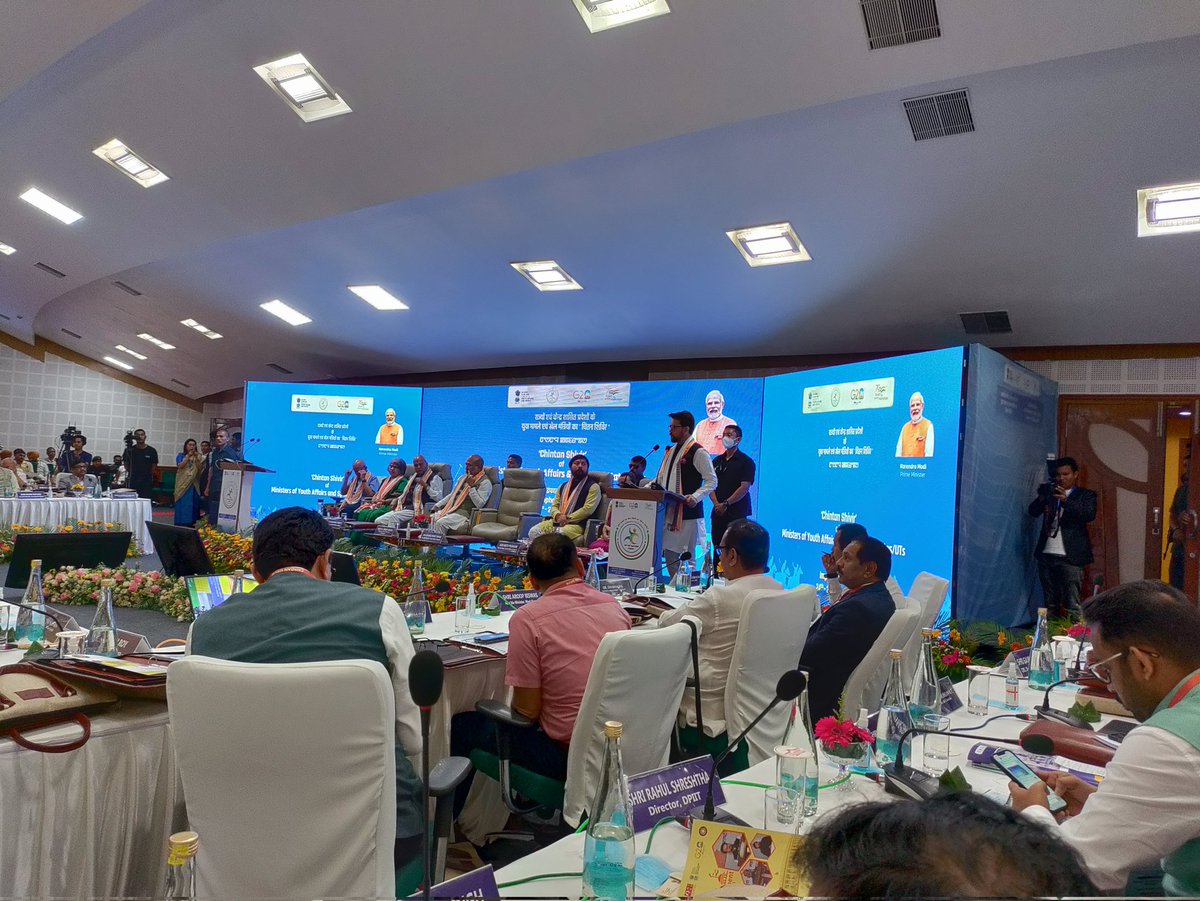 PIBImphal's tweet photo. Union Minister for Youth Affairs and Sports @ianuragthakur delivers keynote address at the ‘Chintan Shivir' of Ministers of Youth Affairs &amp; Sports of States and UTs in Manipur.

@YASMinistry @PIB_India https://t.co/A2NJHxzB2Q