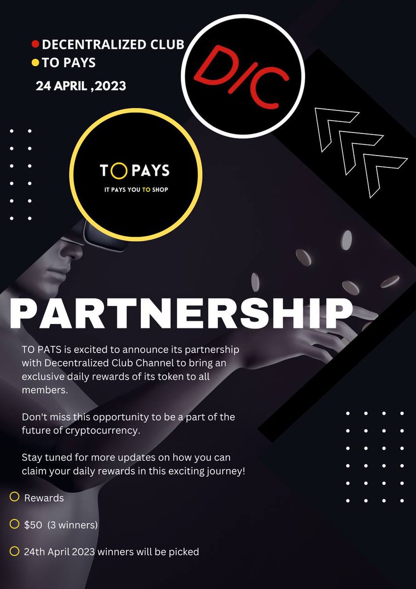 dens_club's tweet photo. TO PATS is excited to announce its partnership with Decentralized Club Channel to bring an exclusive daily rewards of its token to all members. 

Don't miss this opportunity to be a part of the future of cryptocurrency. https://t.co/gwlx0yyTAK