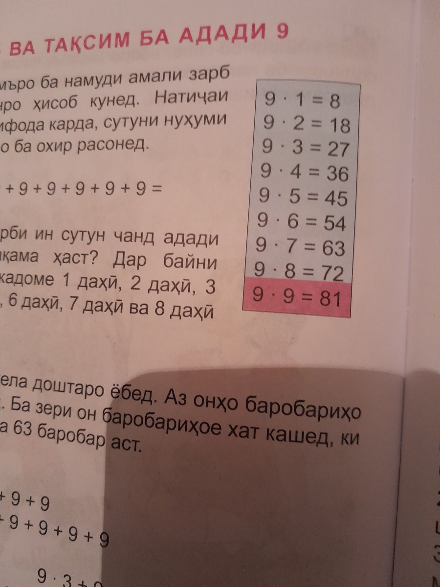 AbdulazizVoseev's tweet photo. Ба фикри шумо 9-то 1-ро бо ҳам ҷамъ кунем, чанд мешавад? Ман ҳам то шаби гузашта фикр мекардам 9*1=9 мешавад. Аммо вақте духтарчаам бо тааҷуб китобашро пешам овард, аз фикрам гаштам. Ҳоло акнун бо шарофати муаллифони китоби математика барои синфи "2" медонам, ки 9*1=8 мешавад https://t.co/JL3wwGcoWm