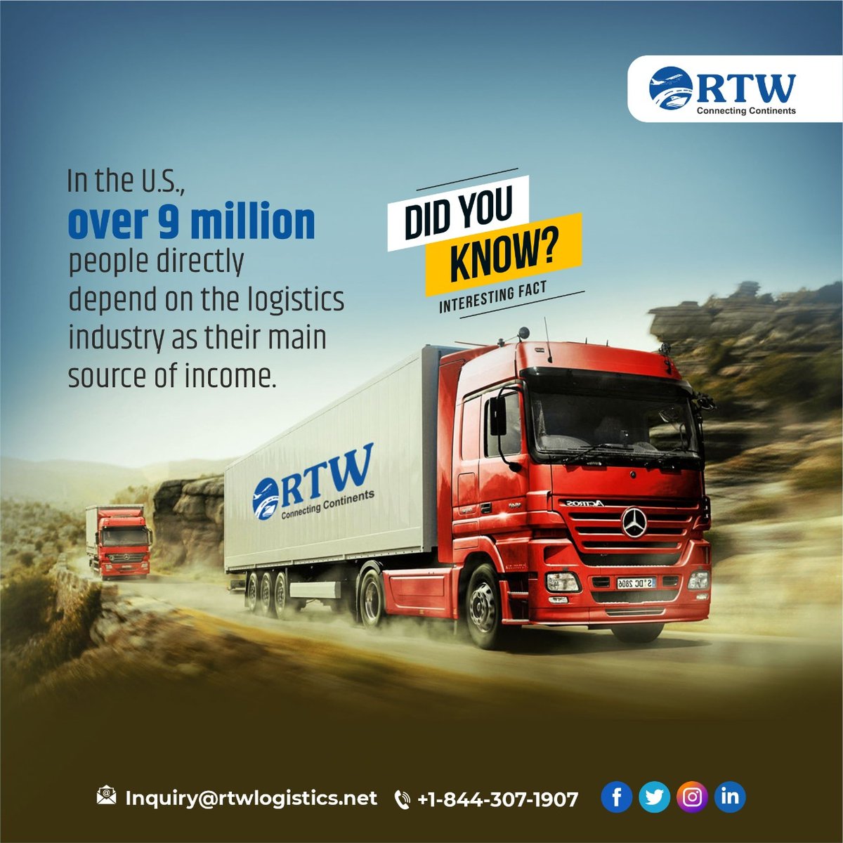 RtwLogistics's tweet photo. Did you Know
In the U.S., over 9 million people directly depend on the logistics industry as their main source of income.
.
.
.
#rtw #rtwlogistics #trucking #truckers #usa #logistics #logisticsfact #mainincome #truck #roadtransport #freightsolutions #freightforwarders https://t.co/n7R8K8zuL3