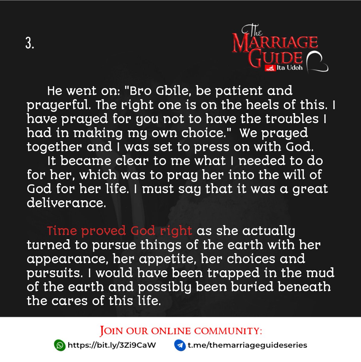 TMGuideseries's tweet photo. ⬆️❣️❣️❣️❣️❣️❣️❣️❣️❣️
Join our community on Telegram: https://t.co/W0fehhl7f9
Subscribe on YouTube: https://t.co/5QAYILGXZU
Share to all who will marry, are married, were married, or wish for others to be married!
#TMG #Marriage #leadings #Godswill #PastorItaUdoh https://t.co/fM1Tbry6Fq
