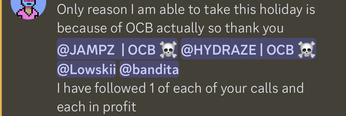 Bless the <a href="/OCBalpha/">OnChain Buccaneers</a> crew. 
<a href="/Lowskii_gg/">Lowskii</a> <a href="/BanditMfer/">banditmfer</a> <a href="/Hydraze/">Hydraze / @hydraze@infosec.exchange</a> been making calls sending mfers on VACATION. 

This is what keeps me going 🫡

Members taking vacations fully paid by calls / action 🏴‍☠️🏴‍☠️🏴‍☠️