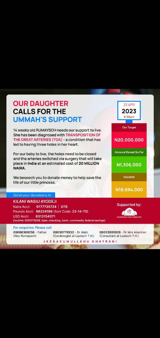 maryamoqueenie's tweet photo. *RUMAYSOH CALLS FOR THE UMMAH'S SUPPORT*  14 weeks old *RUMAYSOH* needs our support to live. She has been diagnosed with *TRANSPOSITION OF THE GREAT ARTERIES (TGA)* - a condition that has led to three holes in her heart.   For our baby to live, the holes need to be closed and the https://t.co/cW5JHok7xe