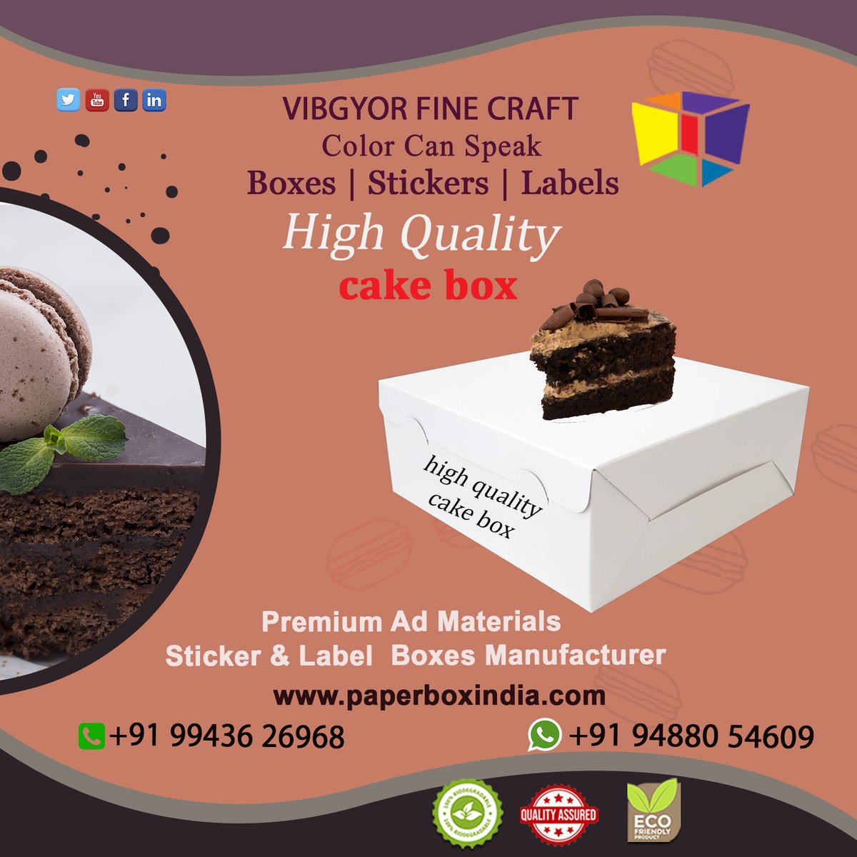 VIBGYOR FINE CRAFT
MANUFACTURER OF HIGH QUALITY  CAKE BOXES
✔️Cake Box
☎call us for more details : 9943626968 | 094880 54609
#manufacturing #qualitybox #CakeBox #BakeLife #CakePackaging #CakeBoxDesign #SweetTreats #DIYBaking #CakeBoxIdeas #CustomCakes #EcoFriendly #SmallBusiness