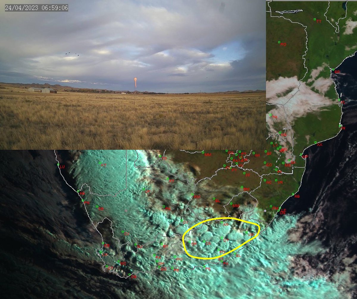SAWS_AWC's tweet photo. A prerequisite for being a forecaster is loving clouds. Was wondering what the clouds in the yellow circle looked like from the ground. Thanks to a webcam near Colesberg I can now 'see' them. Webcams are our 'eyes on the ground' and are used extensively for observation. https://t.co/6phlstX6ok