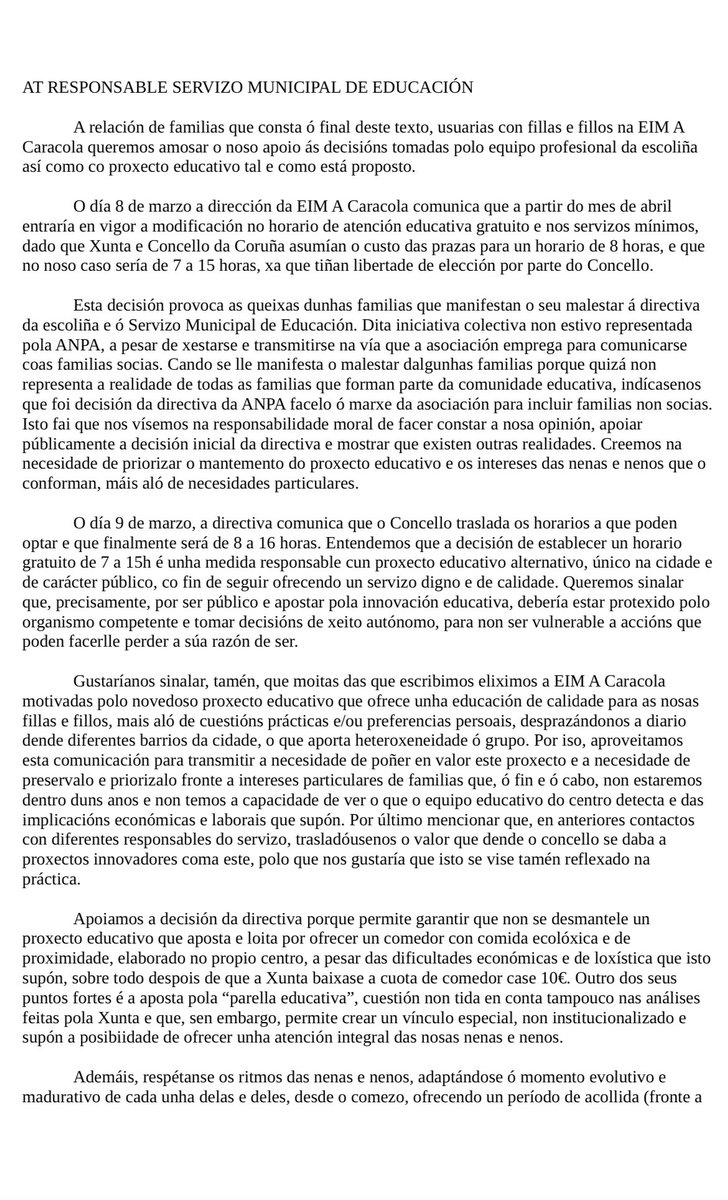 TigerLyli's tweet photo. En EIM A Caracola continúa el acoso a los padres. Se les ha olvidado el pequeño detalle (sin importancia) de que en el horario que proponen, la escuela está cerrada de 7 a 8, por lo que los padres nos quedaríamos sin 1 hora de las 8 de gratuidad que paga la @Xunta a todos los https://t.co/cmGjvsFElX