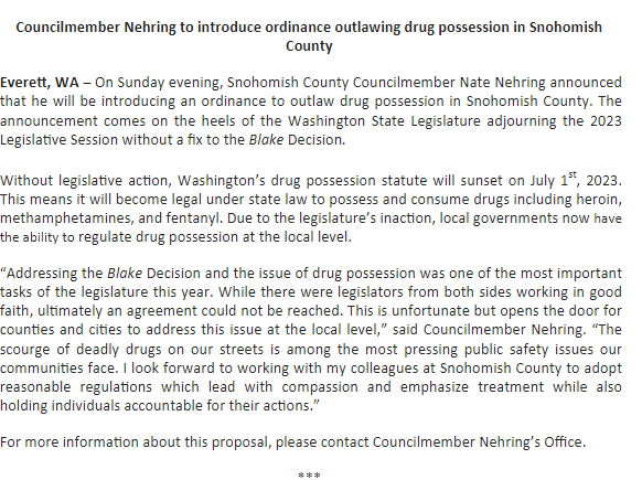 NateNehring's tweet photo. 🚨In the absence of a Blake fix by the State, hard drugs such as meth, heroin &amp; fentanyl will be legal in WA effective July 1. 

With that in mind, I'll be introducing legislation in Snohomish County to outlaw the possession &amp; consumption of these deadly drugs in our communities. https://t.co/iGW3MqnQpf