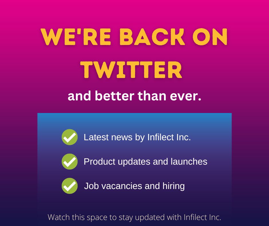 Infilect_Inc's tweet photo. Exciting news! We're back on Twitter and better than ever. Follow us for updates on our latest products, promotions, and more. Can't wait to connect with all our amazing followers again!

 #WeAreBack #TwitterReturns #ExcitingNews https://t.co/t0eIyxa0rx