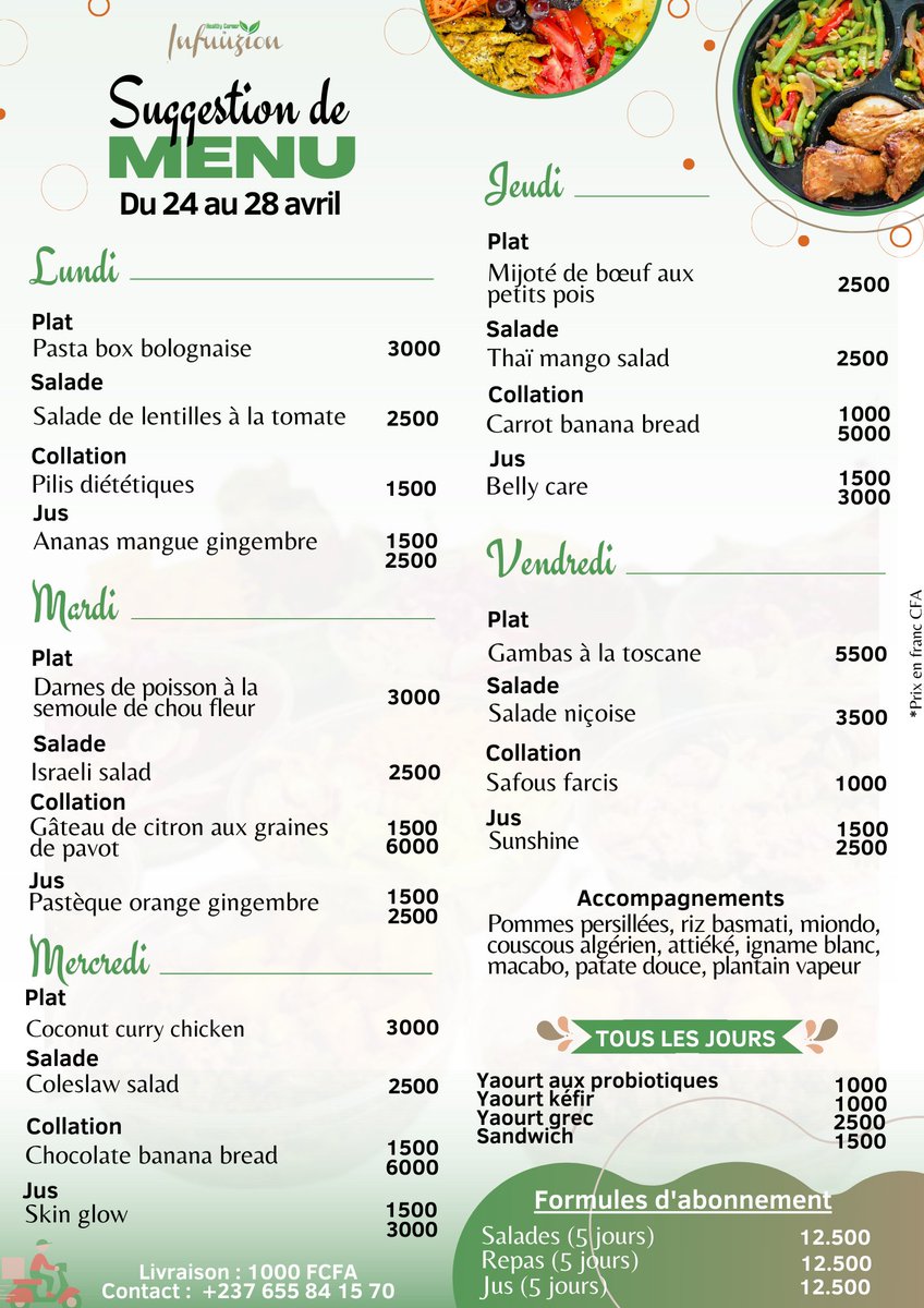 infuuzion's tweet photo. Vos papilles gustatives sont assurées de passer une délicieuse semaine avec nos menus 😋

☎️ 655 84 15 70
📍 Yaoundé-Omnisports

#healthycorner237 #tt237 #restaurantyaounde #mangerayaounde https://t.co/kDEOT6umol