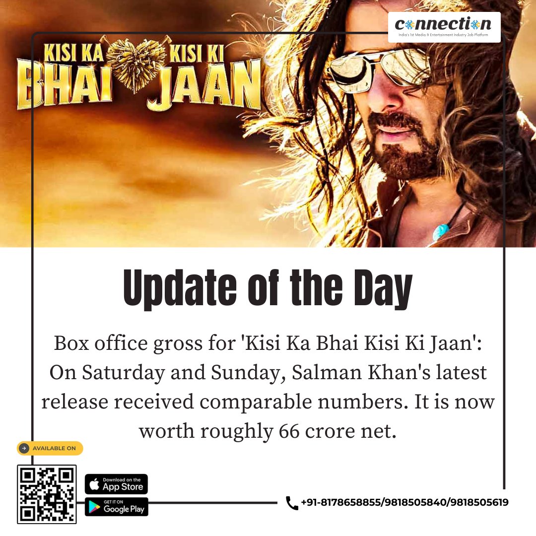 connectionwala's tweet photo. Salman Khan strikes gold at the box office with his latest release 'Kisi Ka Bhai Kisi Ki Jaan'! Have you watched it yet? ๐ฅ
#SalmanKhan #BoxOfficeSuccess #KisiKaBhaiKisiKiJaan #WeekendNumbers #BollywoodBlockbuster #MovieMania @BeingSalmanKhan https://t.co/iAROgmAseU