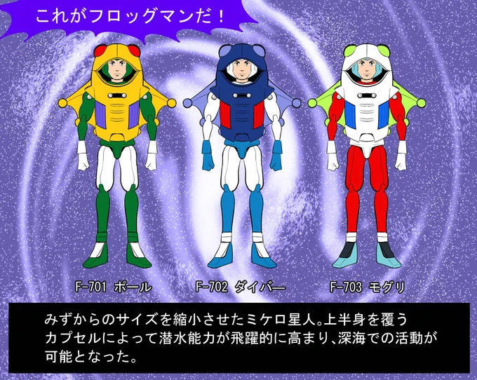 ミケロマンの仲間フロッグマン描きました。 ミケロマンが活躍するマンガはこちら。  #ミクロマンではなくミケロマン 