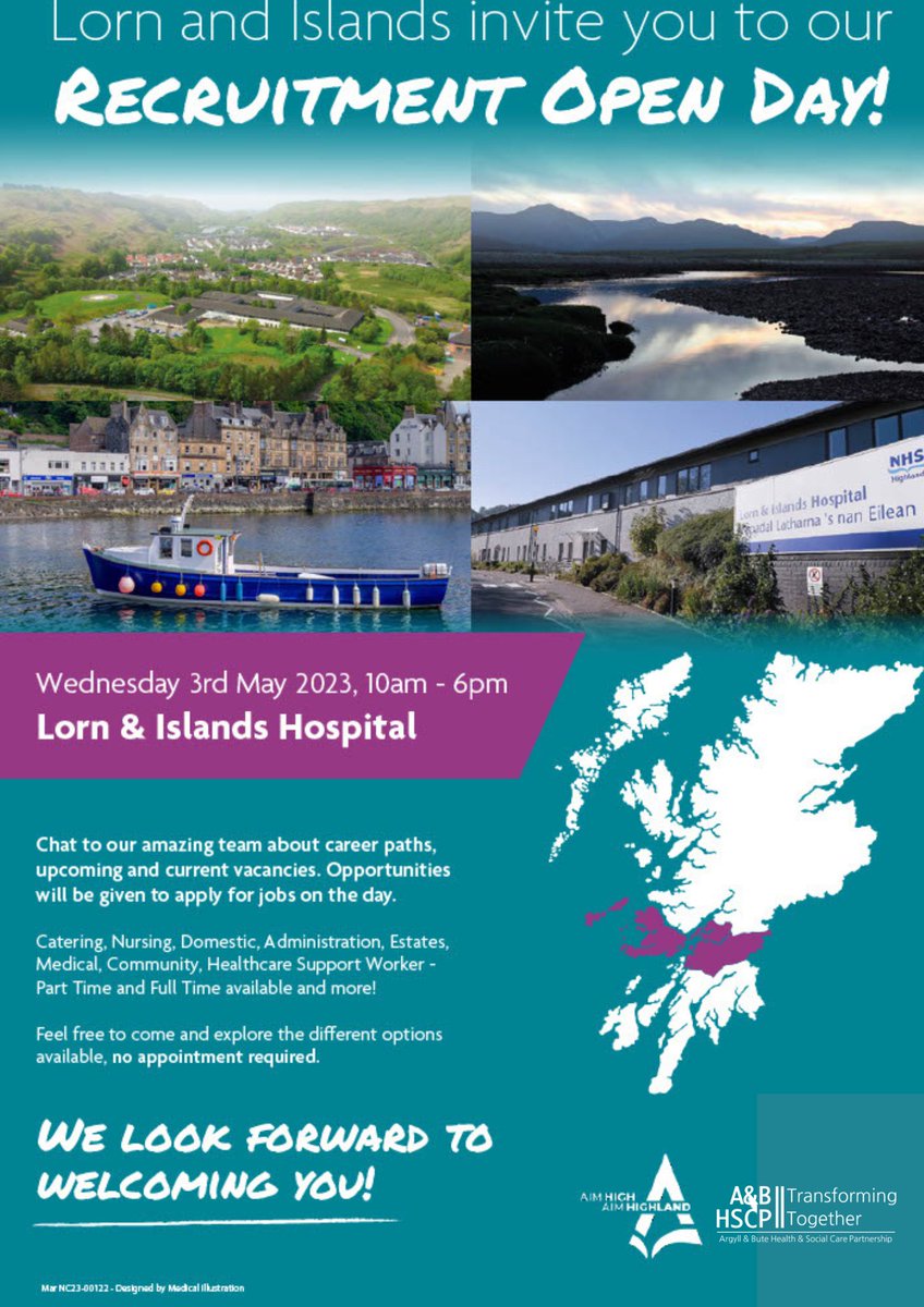 Lorn and Islands Hospital invite you to our recruitment open day!  Wednesday 3rd May 2023, 10am - 6pm.   Chat to our amazing team about career paths - More information is on the advert below! 
#abplace2b #NHSCareers #NHSJobs #SocialCareJobs #Oban