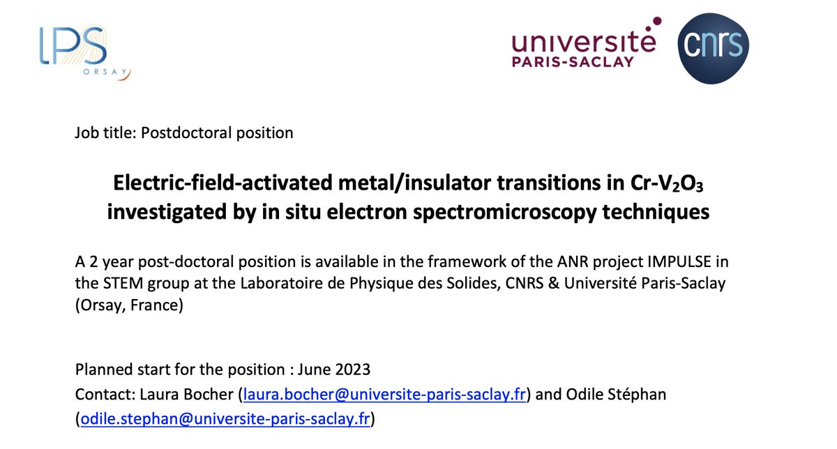 STEM_LPS (@stem_lps) on Twitter photo 🔬⚡️❄️ Want to track #insitu metal/insulator transitions in a NION monochromated electron microscope ➡️ we're recruiting now a #postdoc in the team <a href="/STEM_LPS/">STEM_LPS</a> within the ANR <a href="/AgenceRecherche/">ANR - Agence nationale de la recherche</a> IMPULSE project <a href="/LPS_Orsay/">Laboratoire de Physique des Solides</a> <a href="/UnivParisSaclay/">Université Paris-Saclay</a> <a href="/laura_bocher/">LauraBocher</a>
➡️ equipes2.lps.u-psud.fr/stem/category/… 🔬⚡️❄️ Want to track #insitu metal/insulator transitions in a NION monochromated electron microscope ➡️ we're recruiting now a #postdoc in the team <a href="/STEM_LPS/">STEM_LPS</a> within the ANR <a href="/AgenceRecherche/">ANR - Agence nationale de la recherche</a> IMPULSE project <a href="/LPS_Orsay/">Laboratoire de Physique des Solides</a> <a href="/UnivParisSaclay/">Université Paris-Saclay</a> <a href="/laura_bocher/">LauraBocher</a>
➡️ equipes2.lps.u-psud.fr/stem/category/…