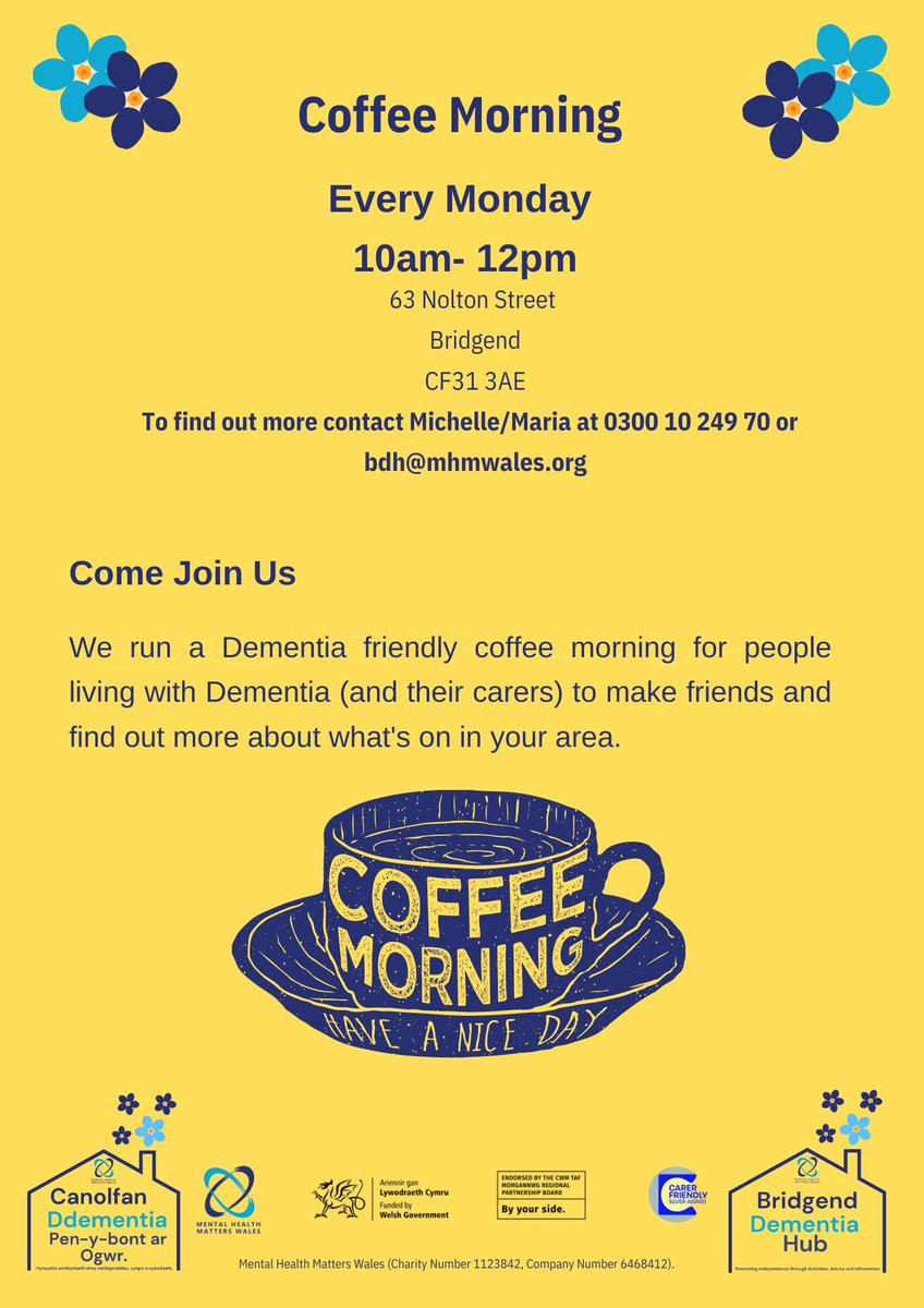 MHMWales's tweet photo. Our Bridgend Dementia Hub runs a coffee morning every Monday to enable people affected by a memory problem engage with peers and with community projects. Please contact Michelle or Maria for more information #dementia #dementiahub #dementiaproject #coffeemorning #itsgoodtotalk https://t.co/G7CZaXPDlR