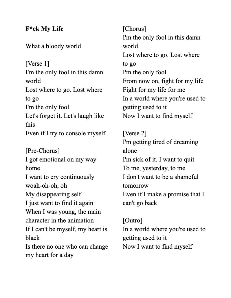 leechanranghae's tweet photo. “In a world where you're used to getting used to it, now I want to find myself”

F*ck My Life’s full lyrics just hits way to close to home. https://t.co/A7wTfy6GGv