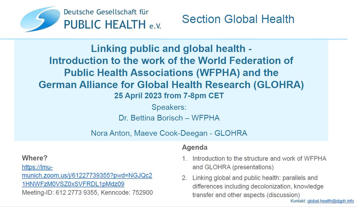 Wie arbeiten eigentlich @WFPHA_FMASP und GLOHRA (@globalhealth_de)? Wie kann man sich dort einbringen? Und wie können public und global health zusammen gedacht werden?

Wenn ihr euch für solche Fragen interessiert schaut morgen (am 25.04. um 19 Uhr) bei unserem Webinar vorbei!
