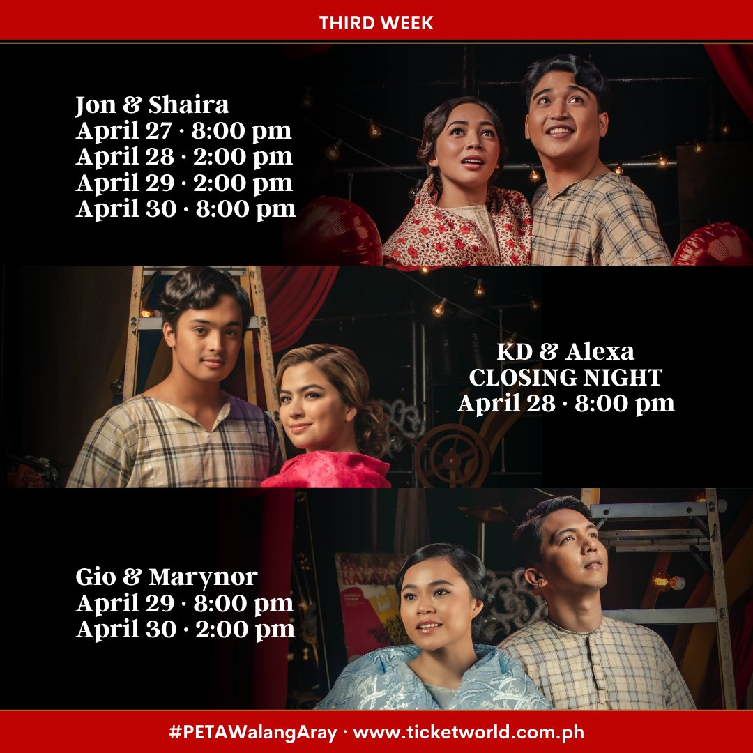 petatheater's tweet photo. LAST 3 WEEKS OF SHOWS! Here's our performing cast for this weekend! ✨ Get your tickets now at https://t.co/2lVqtwrfj4 🎟️ and don't miss PETA's comeback musical #PETAWalangAray before we close on May 14, 2023! https://t.co/h8l09tlBCM