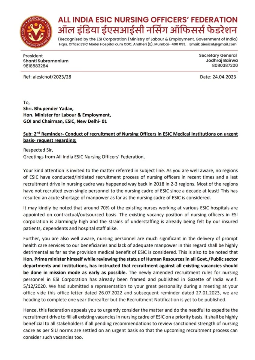 aiesicnf's tweet image. 2nd reminder submitted to Hon. Union Minister for
@LabourMinistry and the DG @esichq
to expedite the Recruitment Drive for the #nursingofficers in #ESIC in &quot;mission mode&quot; as early as possible.  #missionmoderecruitment #nursingofficersrecruitment2023 #RozgarMela 
Sh. @byadavbjp