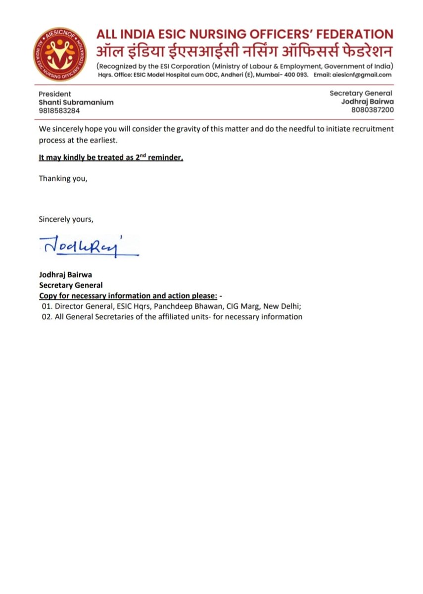 aiesicnf's tweet image. 2nd reminder submitted to Hon. Union Minister for
@LabourMinistry and the DG @esichq
to expedite the Recruitment Drive for the #nursingofficers in #ESIC in &quot;mission mode&quot; as early as possible.  #missionmoderecruitment #nursingofficersrecruitment2023 #RozgarMela 
Sh. @byadavbjp