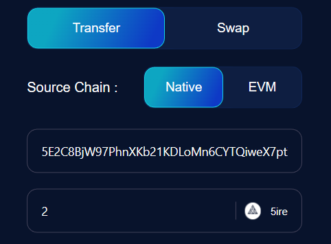 Airdropcny's tweet image. 2. Ready to start sending tokens? Open the 5ire wallet extension and select "Send". Choose "Native" as your source chain and enter any 5ire address you like. #5ire #cryptocurrency #sendtokens