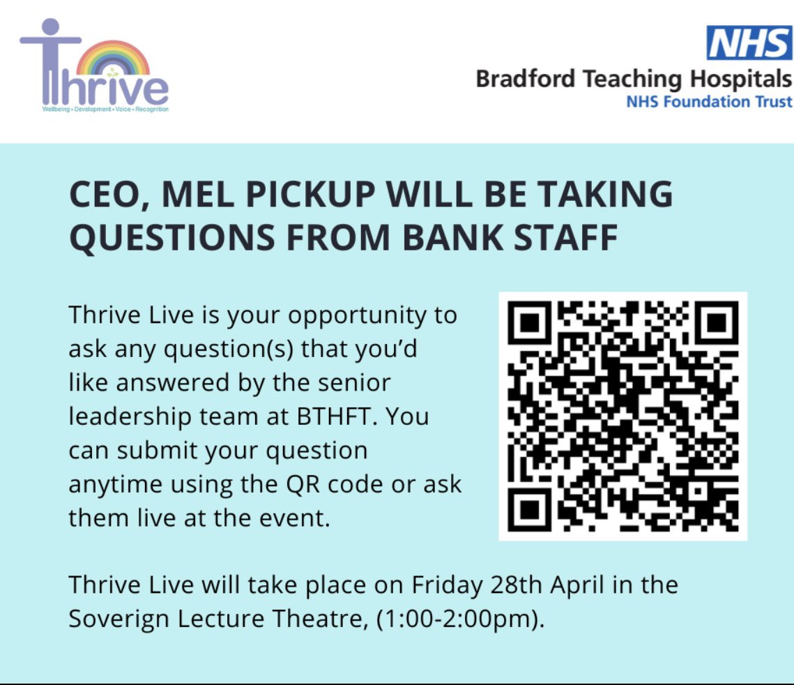nursebankbthft's tweet photo. #excitedforthis This Friday ..come along @BTHFT and meet @Mel_Pickup say ๐๐ป and have a chat, ask any questions ?? Iโll be there and may ๐คhave pens @dearericabthft1 ๐๏ธ and if you canโt make it and have a question you can use the QR code below ๐ @karendawber @bthft_od https://t.co/7Q2lfwkL5W