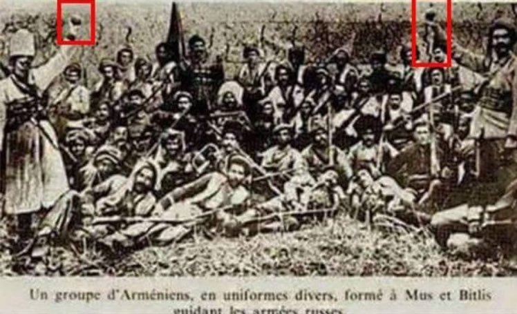 Left side an armenian holds the heart of a Turk he killed and on the right he holds the dead body of a baby that they took from the uterus of a pregnant Turkish woman.

Armenian genocide is a lie.  
History, should not be used in politics.