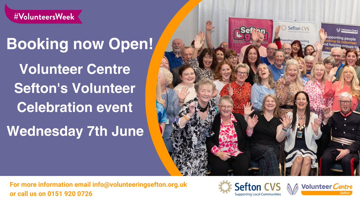 Booking is now open for our Volunteer Celebration Event during Volunteers' Week. Booking closes on Friday 19th May at 12 noon. To request a booking form follow this link: directory.seftoncvs.org.uk/civicrm/event/…

#volunteers #volunteering #volunteercelebration #volunteersweek @NCVOvolunteers