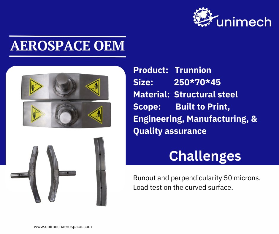 Unimech Aerospace has manufactured a top-quality trunnion for aerospace engine applications. The trunnion has been built to print and undergoes a rigorous engineering, manufacturing, and quality assurance process to ensure it meets the highest industry standards. #manufacturin