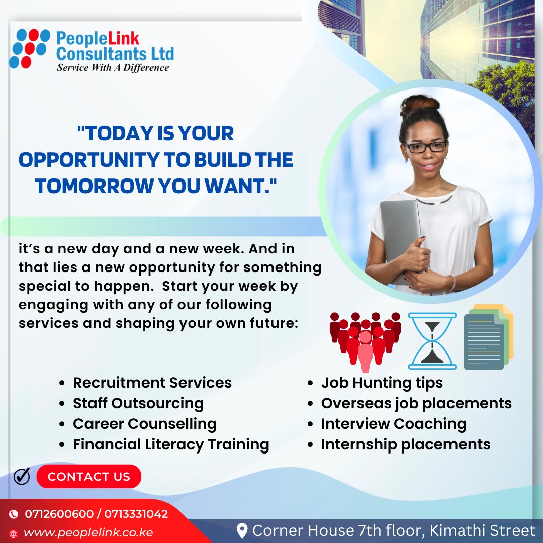 PeopleLinkLTD's tweet photo. Monday means new opportunity.
#jobs #jobalert #job #jobvacancy #jobopenings
#jobopportunities2023 #jobopportunities2023 #Peoplelink #managementjobs #highpayingjobs #overseasjobs #kenyantrends #kenyansincanada #kenyansineurope #jobsabroad #travelagency https://t.co/0HauDYxL7U