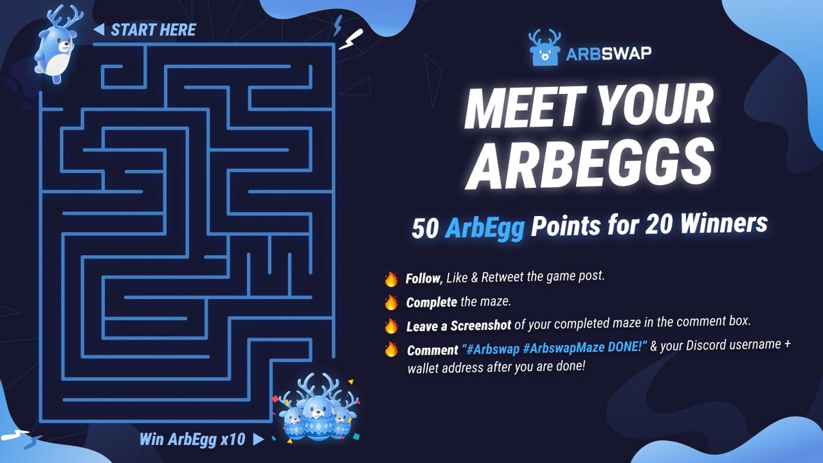 Second event to fuel up #ArbEgg Points👀

Meet your ArbEgg Points by completing the maze👏🏻

🔥Follow, Like &amp; RT
🧩Complete the maze
📸Drop a screenshot 
🔑Comment #Arbswap #ArbswapMaze DONE! + Discord name &amp; wallet address 

50 ArbEgg Points for 20 winners!🥚🍳