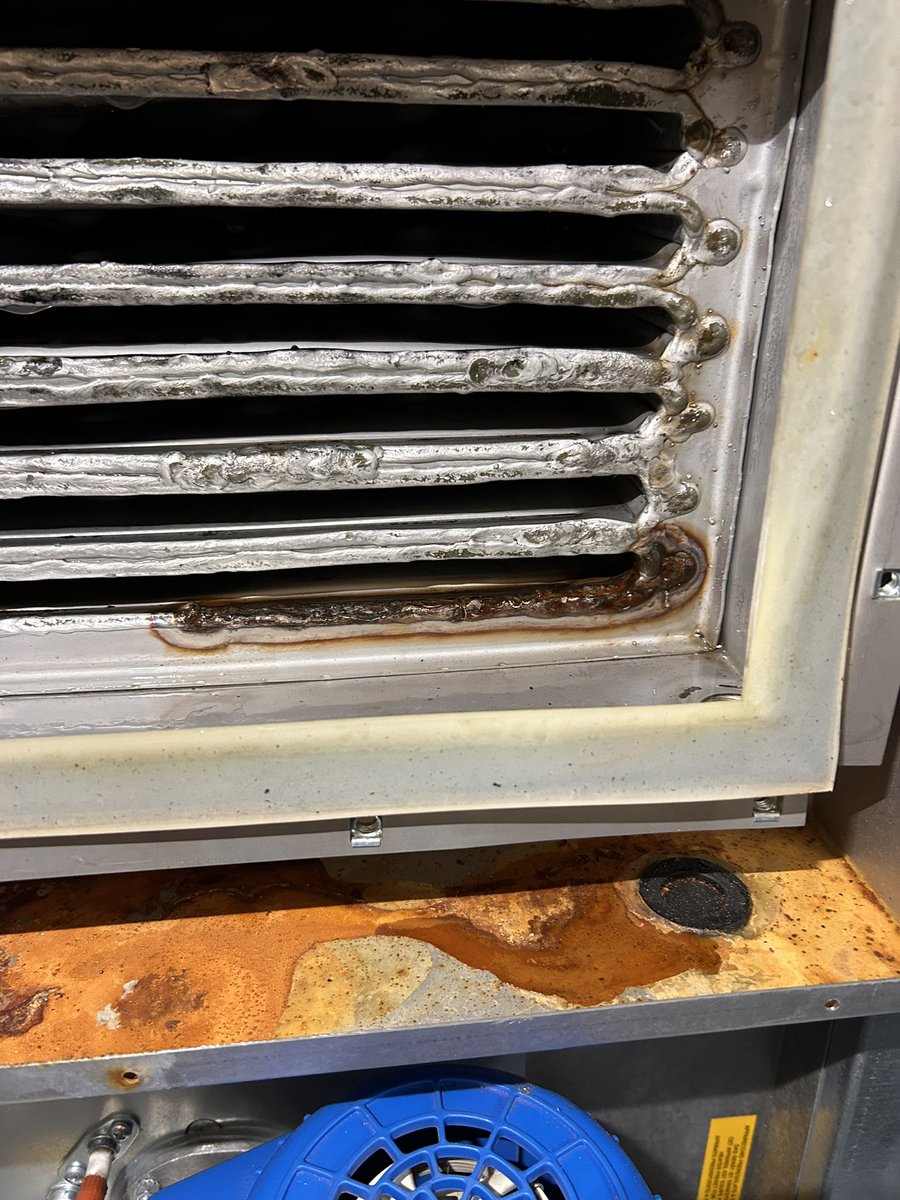 The result of a poorly installed AHU. Trap reinstalled on the right & condensation pipe work rerouted has solved the problems. 
#heatingsystem #hvac #commercialgas #commercialheating #commercialproperty