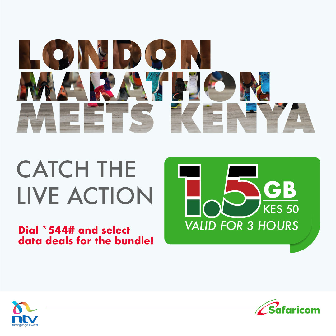 Safaricom wanakupea chance ya kustream the London marathon as we cheer on athletes pale ntvkenya.co.ke/live by buying 1.5Gb worth 50 Bob na zinalast 3hrs.   Usiachwe nyuma,dial *544# & select data deals for the bundle.

#50BobDataBundle #CatchTheLiveAction #DataDeals