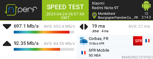 twitt_yann's tweet image. ↓697146 kb/s ↑92347 kb/s, ⇄ 19 ms / mobile: #SFR Mobile / #RedmiNote9T / #nPerf v2.14.3 / #Montbeliard Cora