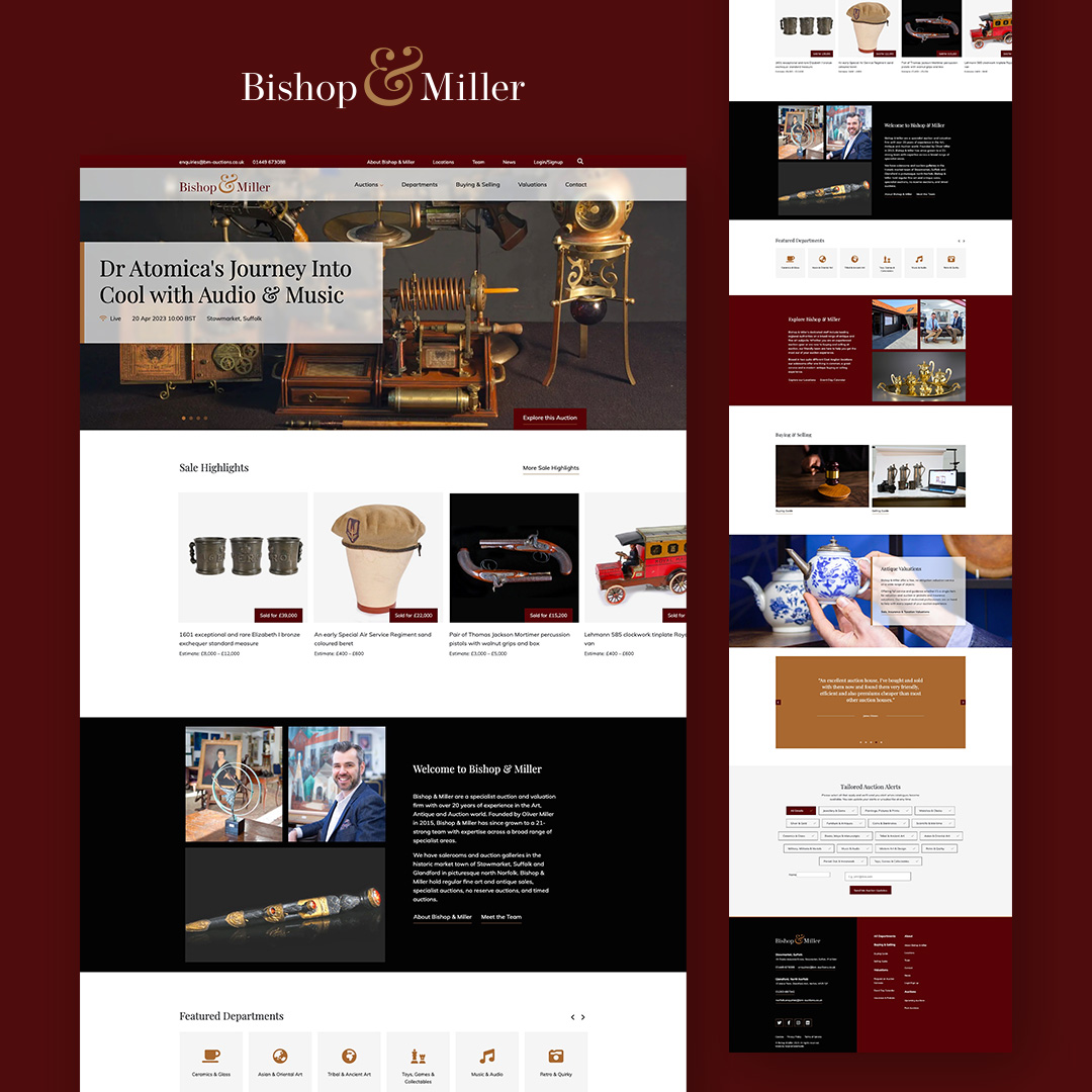 SrcCodeStudio's tweet image. We're very proud to announce the new website for @bishopandmillerauctions is now live! A true modern classic 😍

#BishopAndMillers #AuctionHouse #BespokeWebsite #WebDesignAgency #DigitalMarketing #OnlineBidding #IncreaseWebsiteTraffic #BoostSales #UXDesign #UI #WebDevelopment