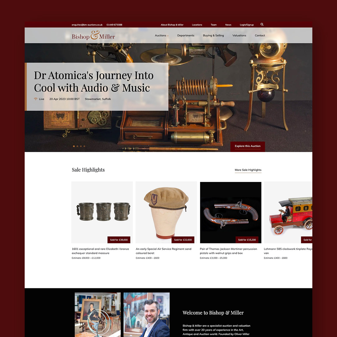 SrcCodeStudio's tweet image. We're very proud to announce the new website for @bishopandmillerauctions is now live! A true modern classic 😍

#BishopAndMillers #AuctionHouse #BespokeWebsite #WebDesignAgency #DigitalMarketing #OnlineBidding #IncreaseWebsiteTraffic #BoostSales #UXDesign #UI #WebDevelopment