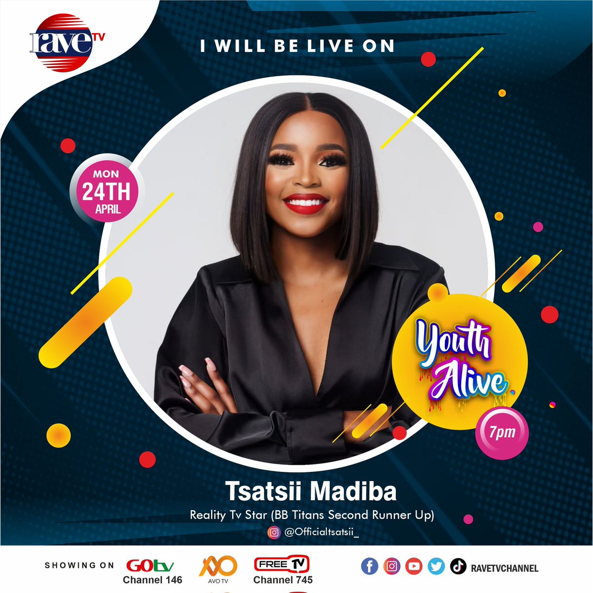It's official!!!
We give you the queen (@tsatsii5) today...LIVE !!

Tune in on GOTV CH 146.
Time: 7PM

#raveWelcomesTsatsii Can we make it to the trend table today?  Let's goo!! 🔥🔥🔥🔥

#ravetvchannel #BBTitians #bbtitans2023 #Tsatsii #timeless #davido #Monday