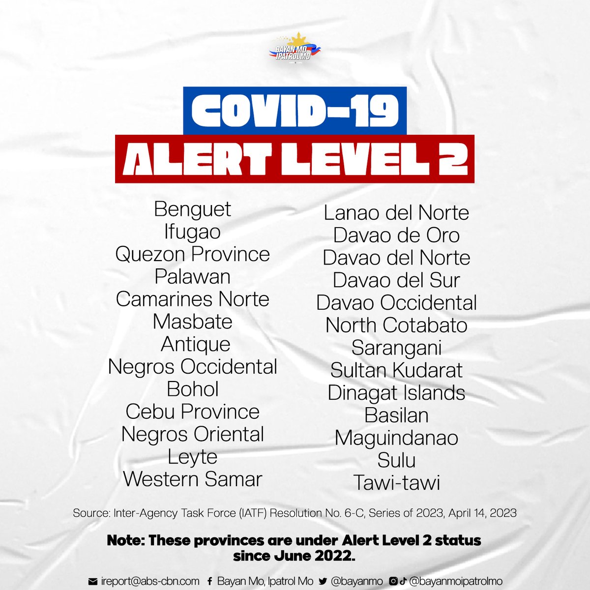 bayanmo's tweet image. 26 PROBINSYA, NASA ILALIM PA RIN NG ALERT LEVEL 2 STATUS NGAYONG ABRIL

Ayon sa resolusyon na inilabas ng Inter-Agency Task Force o #IATF ngayong Abril, ang 26 na probinsyang ito ay nasa #COVID19 #AlertLevel2 status.

#DOH