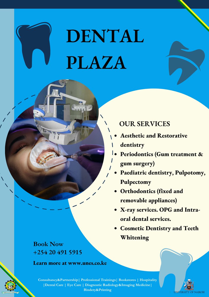 UNESLIMITED's tweet photo. Are you ready to transform your smile? Look no further than the University Dental  Plaza, the premier provider of comprehensive dental care at @uonbi. Our  experienced professionals use the latest technology to deliver reliable,  affordable, and personalized dental services! https://t.co/S8q2eXpm67