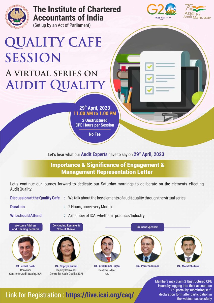 caq_icai's tweet photo. “Quality Cafe- A virtual series on Audit Quality", the 10th session has been scheduled on 29th April 2023 from 11:00 AM to 1:00 PM.
For the Registration: 
https://t.co/3xpsVTSBaE
#qualitycafe #auditinaction #auditing #qualityaudit #audit #icai #charteredaccountant #ca #cafirms https://t.co/I812zgPdha