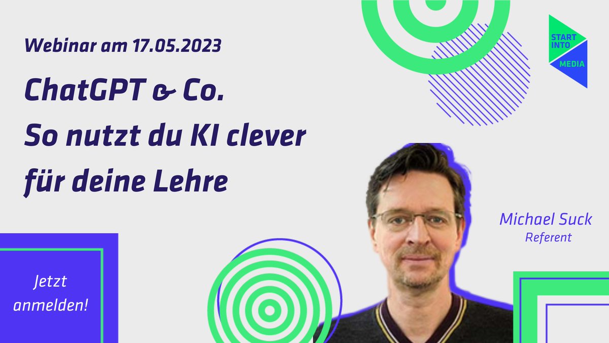 Nach unseren Round Tables kommen Webinare. Das erste ist ChatGPT &amp; Co - So nutzt du KI clever für deine Lehre in der Medienbranche! Am 17. Mai 2023 um 16 Uhr! Hier geht´s zur kostenlosen Anmeldung: docs.google.com/forms/d/e/1FAI…