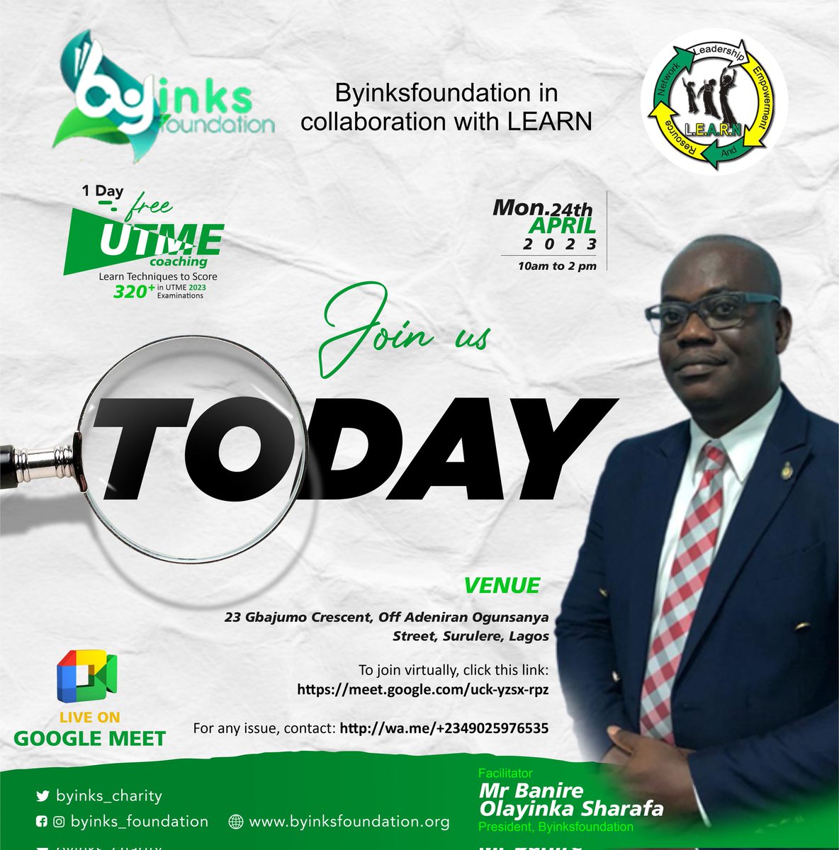 Byinks_charity's tweet photo. IT'S TODAY💥

📚Over 2,000 students have been benefiting from our free online #JAMB coaching for 4 months

♻️Congrat to the 100 that'll be attending physical, because you'll be Imparted on the MYSTERY &amp; SECRET to scoring 320+ in 2023 UTME — by Mr. Banire Olayinka Sharafa [B.O.S] https://t.co/0Z0zLq3h4V