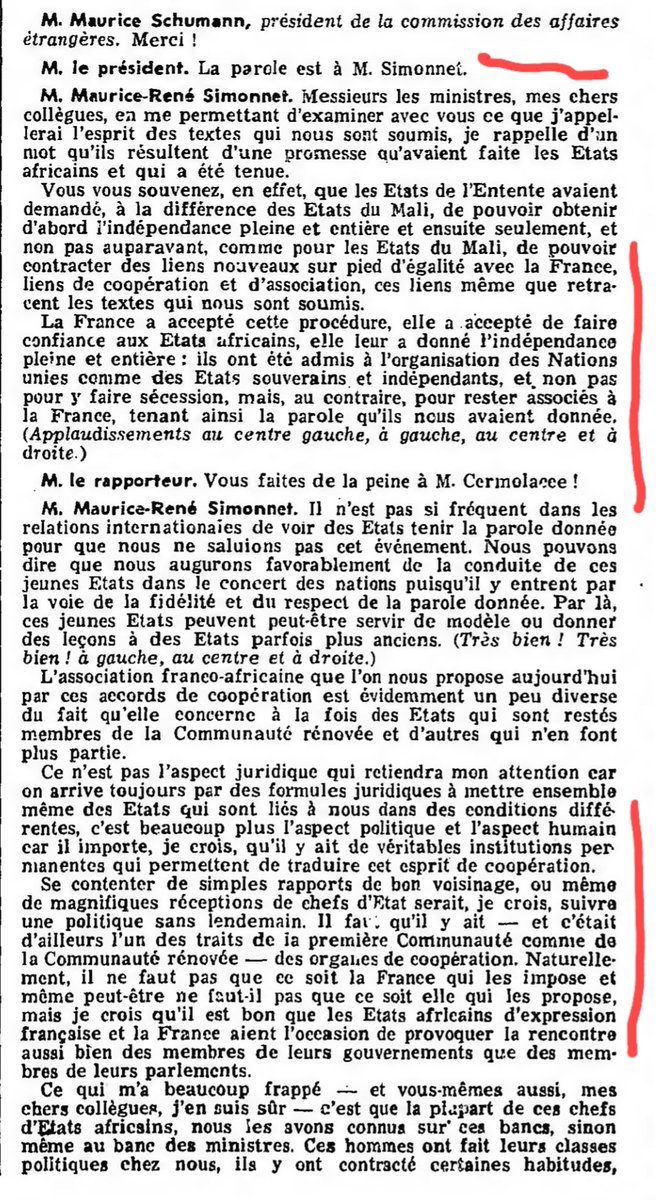 M_Koulibaly's tweet photo. Le deal du 24 avril 1961.
Le compte rendu intégral des débats parlementaires de la séance du mercredi 19 Juillet 1961 nous apprend que:
L'indépendance accordée précipitamment par la France à certains pays Africains l'a été parce qu'il fallait des votants à l'Assemblée Générale de l'ONU, pour bloquer" une situation délicate en Algérie", liée à quatre essais nucléaires de la série Reggane, entre février 1960 et avril 1961, vers la fin de la guerre que les Algériens menaient pour l'obtention de leur l'indépendance.
À vous Africains on vous octroie l'indépendance pour que vous siegiez à l'AG de  l'Onu et que vous votiez selon nos consignes contre l'Algérie.
Après quoi, vous bénéficierez d'Accords de Coopération par lesquels nous vous aiderons à développer vos pays.
Le débat porte sur la ratification de ces Accords du 24/4/1961. Le deal des transferts de compétences.
De la lecture:
https://t.co/GdSpmylP0H