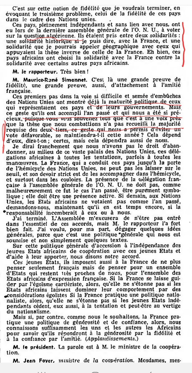 M_Koulibaly's tweet photo. Le deal du 24 avril 1961.
Le compte rendu intégral des débats parlementaires de la séance du mercredi 19 Juillet 1961 nous apprend que:
L'indépendance accordée précipitamment par la France à certains pays Africains l'a été parce qu'il fallait des votants à l'Assemblée Générale de l'ONU, pour bloquer" une situation délicate en Algérie", liée à quatre essais nucléaires de la série Reggane, entre février 1960 et avril 1961, vers la fin de la guerre que les Algériens menaient pour l'obtention de leur l'indépendance.
À vous Africains on vous octroie l'indépendance pour que vous siegiez à l'AG de  l'Onu et que vous votiez selon nos consignes contre l'Algérie.
Après quoi, vous bénéficierez d'Accords de Coopération par lesquels nous vous aiderons à développer vos pays.
Le débat porte sur la ratification de ces Accords du 24/4/1961. Le deal des transferts de compétences.
De la lecture:
https://t.co/GdSpmylP0H