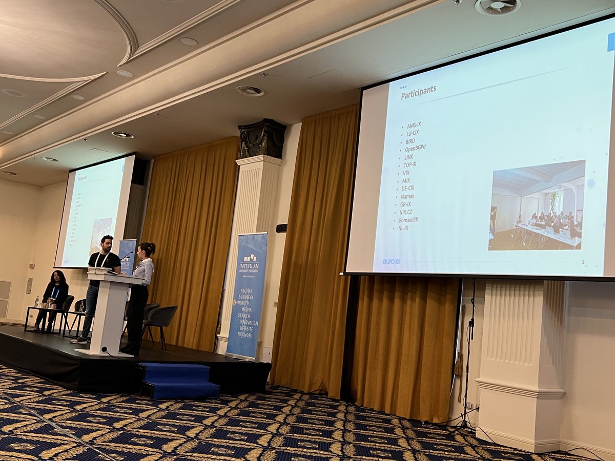 Stavros Konstantaras <a href="/AMS_IX/">AMS-IX</a> and Irene Lalioti @LU_CIX are giving an update on the recent #routserver workshop in Turin, hosted by <a href="/top_ix/">TOP-IX</a>. Great to see the good work being carried out by the #community! #collaboration #features #automation #BGP