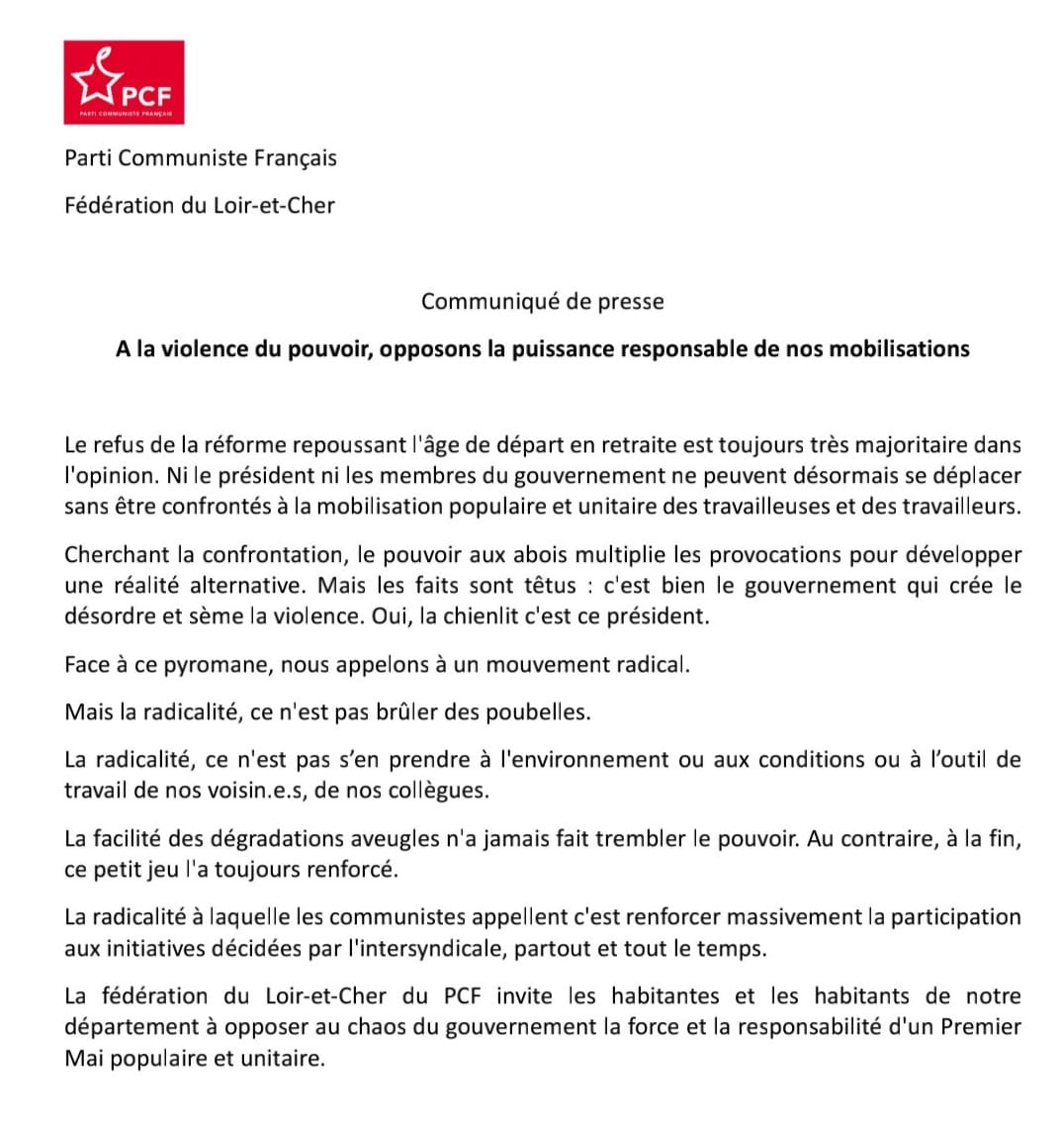 PCF_LoirEtCher's tweet photo. 📣 A la violence du pouvoir, opposons la puissance responsable de nos mobilisations !

Le refus de la réforme repoussant l'âge de départ en retraite est toujours très majoritaire dans l'opinion. #ReformeDesRetraites
1/6 https://t.co/EfTWmaTCBs