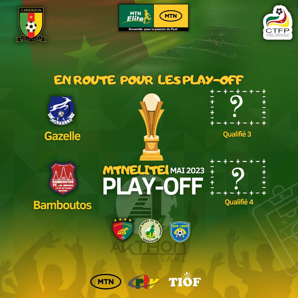 🚨🚨🚨#INSTANTS_MTN_ELITE_ONE🇨🇲🔥🔥🔥 <a href="/GazelleFA/">GAZELLE FA DE GAROUA</a> et <a href="/fc_asb/">Bamboutos FC Fan Club Officiel & ASB</a> sont déjà qualifiés pour les play-Offs 

Moins 2 places pour 3 clubs @Canon_Yde , <a href="/FcCoton/">Coton Sport fc</a> et UMS. 

Quels seront les deux derniers club à obtenir leur ticket?   🏃🏾‍♂️ 🏃🏾‍♂️🏃🏾‍♂️

  #MtnEliteOne #Ctfp #instants_sport
